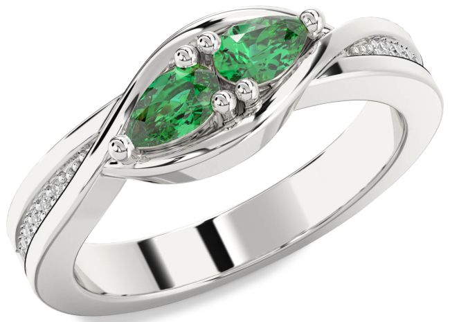Diamond Emerald Silver Pear Two Stone Birthstone Ring