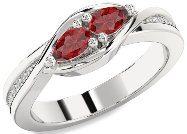 Diamond Ruby Silver Pear Two Stone Birthstone Ring