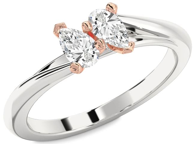 Diamond Silver & 10K Rose Gold Pear Two Stone Ring