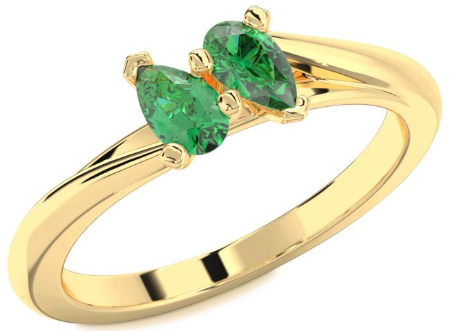 Emerald Gold Pear Two Stone Birthstone Ring