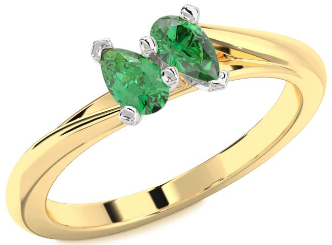 Emerald Gold Silver Pear Two Stone Birthstone Ring