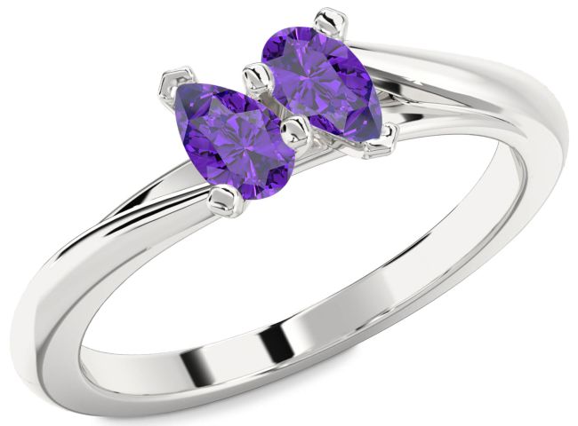 Amethyst Silver Pear Two Stone Birthstone Ring