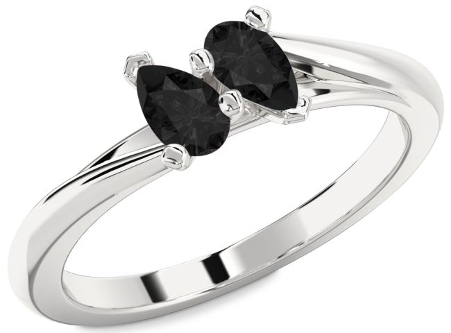 Black Diamond Silver Pear Two Stone Ring
