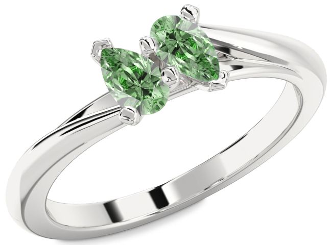 Green Diamond Silver Pear Two Stone Ring