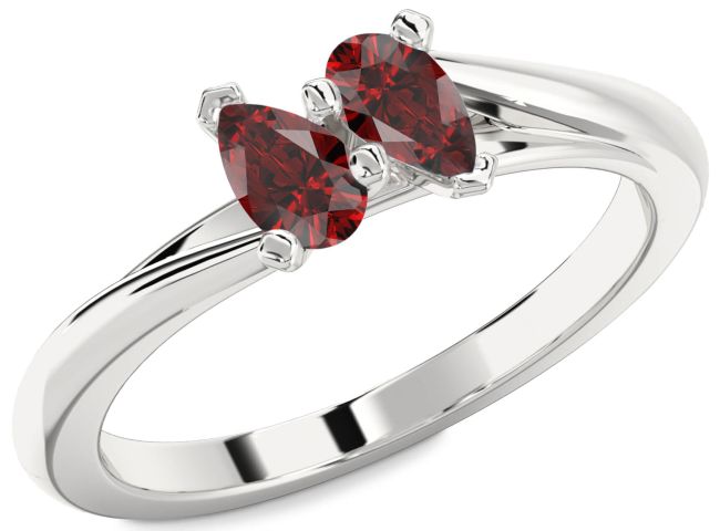 Garnet Silver Pear Two Stone Birthstone Ring