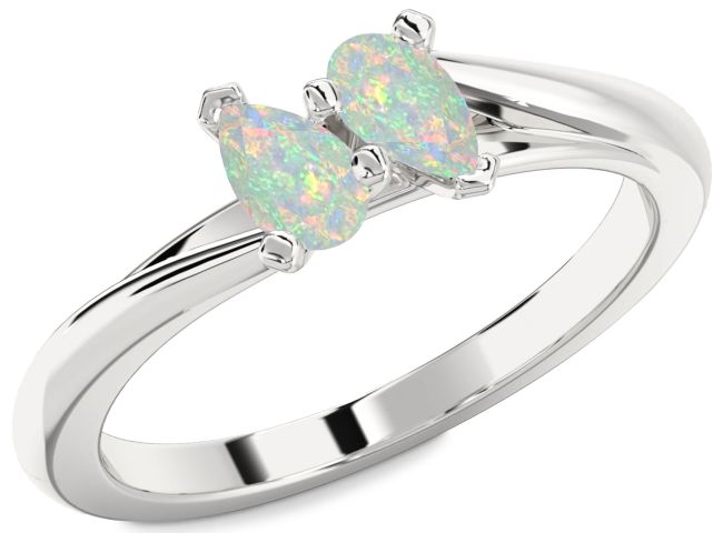 Opal Silver Pear Two Stone Birthstone Ring