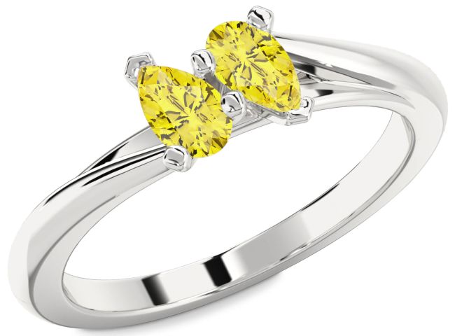 Yellow Diamond Silver Pear Two Stone Ring