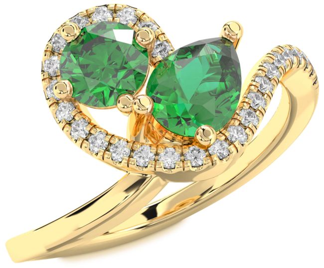 Diamond Emerald Gold Pear Two Stone Birthstone Ring