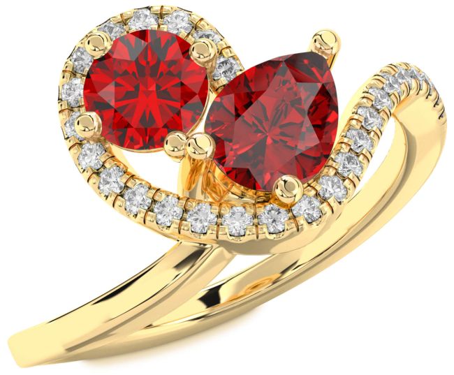 Diamond Ruby Gold Pear Two Stone Birthstone Ring