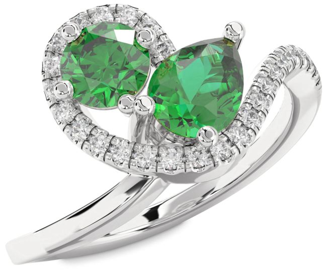 Diamond Emerald Silver Pear Two Stone Birthstone Ring