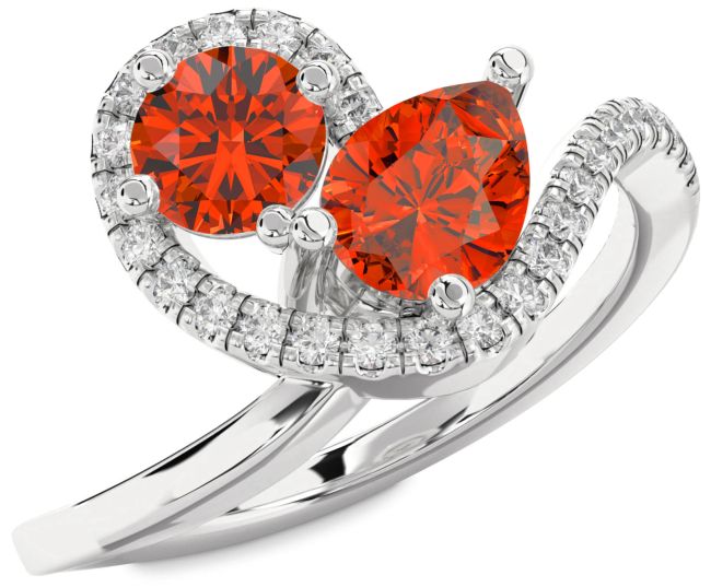 Diamond Fire Opal Platinum Pear Two Stone Ring