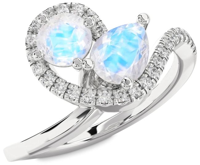 Diamond Moonstone Platinum Pear Two Stone Ring