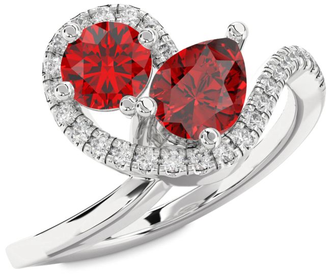 Diamond Ruby Silver Pear Two Stone Birthstone Ring