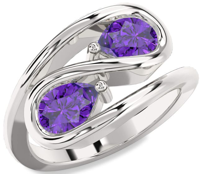 Amethyst Silver Pear Two Stone Birthstone Ring