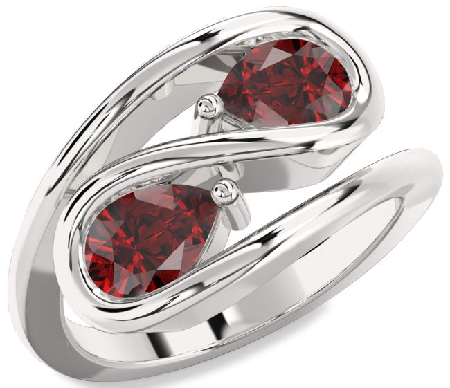 Garnet Silver Pear Two Stone Birthstone Ring