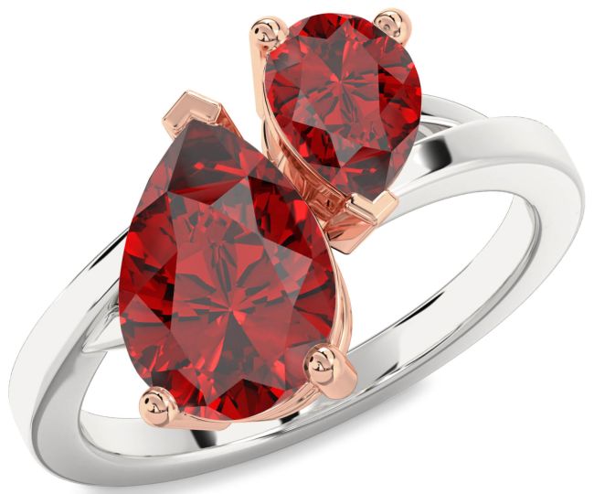 Ruby Rose Gold Silver Pear Two Stone Birthstone Ring