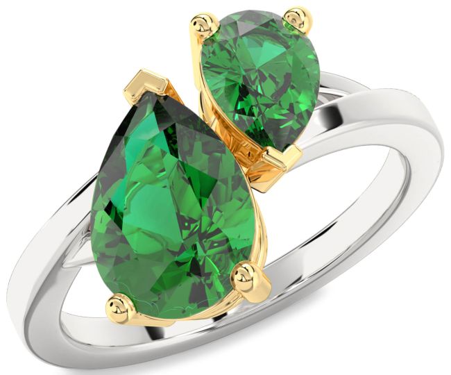 Emerald Gold Silver Pear Two Stone Birthstone Ring