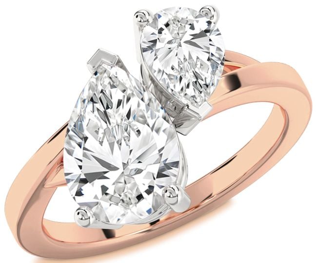 Diamond Rose Gold Silver Pear Two Stone Ring