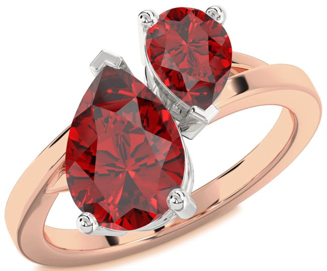 Ruby Rose Gold Silver Pear Two Stone Birthstone Ring