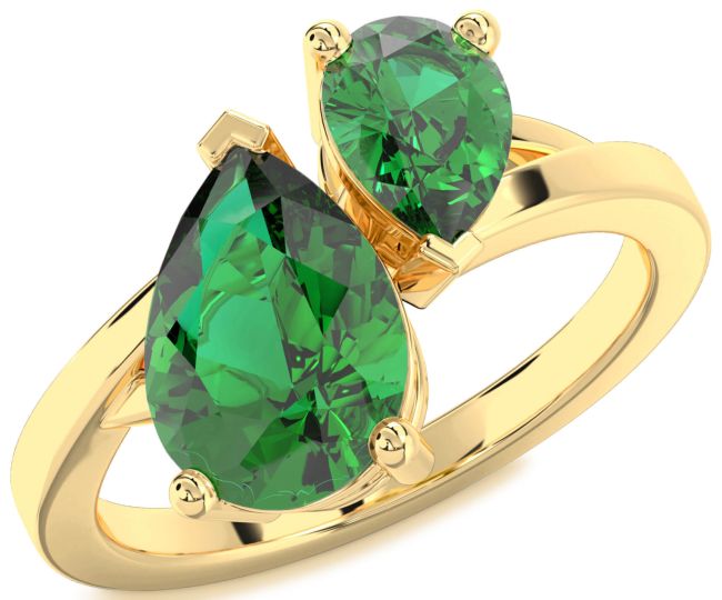 Emerald Gold Pear Two Stone Birthstone Ring