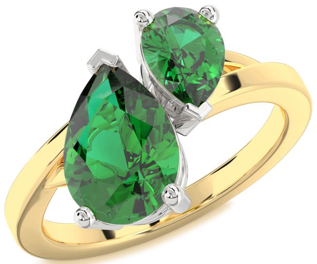 Emerald Gold Silver Pear Two Stone Birthstone Ring
