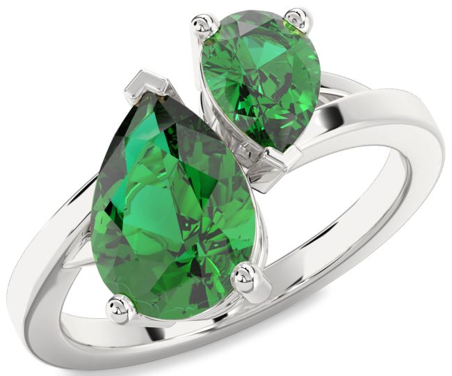 Emerald Silver Pear Two Stone Birthstone Ring
