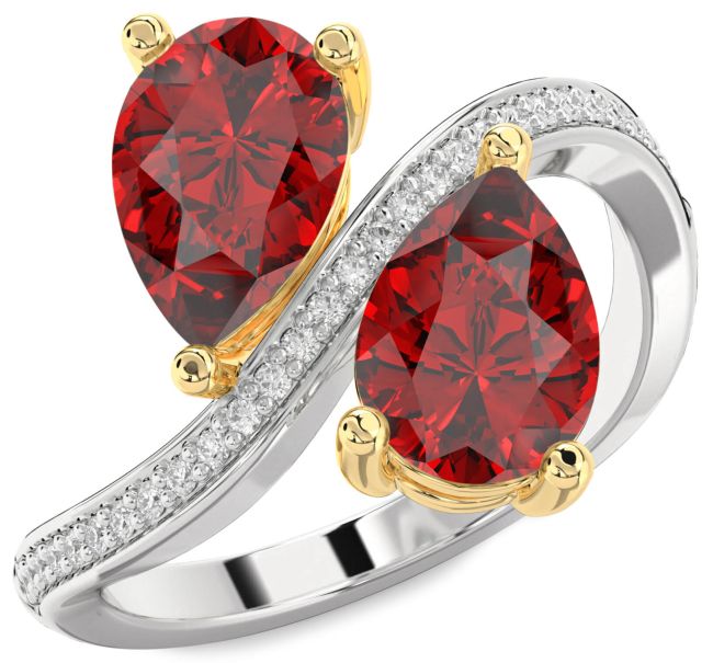 Diamond Ruby Gold Silver Pear Two Stone Birthstone Ring