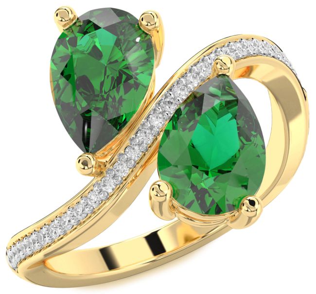 Diamond Emerald Gold Pear Two Stone Birthstone Ring