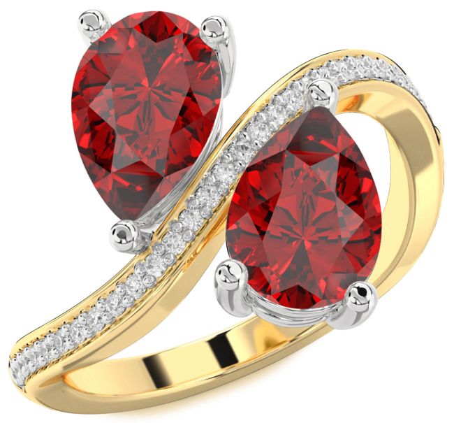 Diamond Ruby Gold Silver Pear Two Stone Birthstone Ring