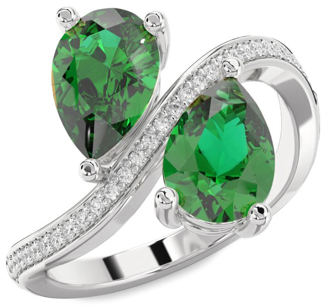 Diamond Emerald Silver Pear Two Stone Birthstone Ring