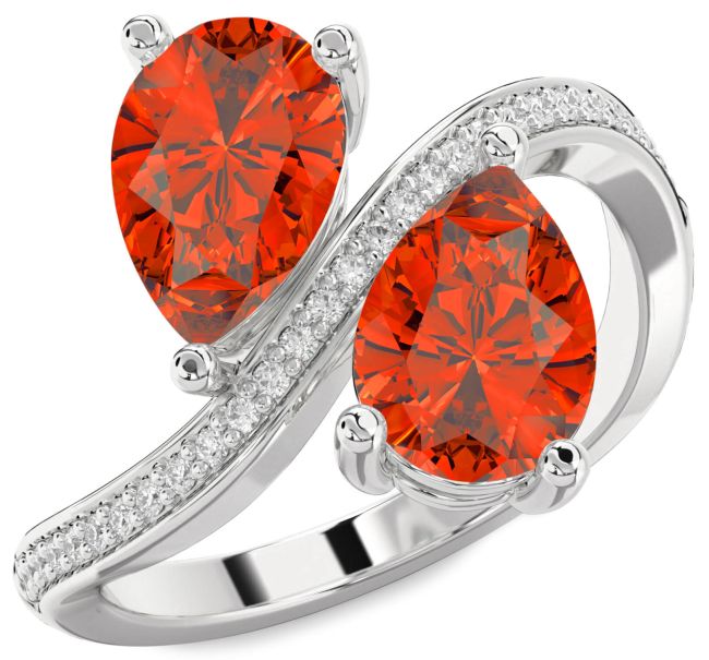 Diamond Fire Opal Platinum Pear Two Stone Ring