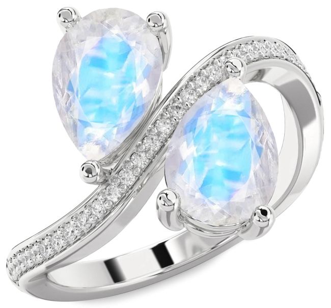 Diamond Moonstone Platinum Pear Two Stone Ring