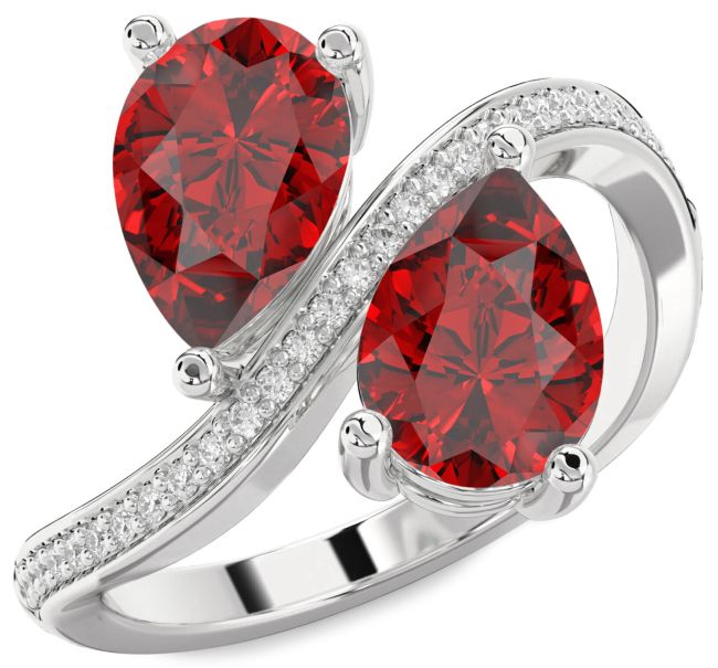 Diamond Ruby Silver Pear Two Stone Birthstone Ring