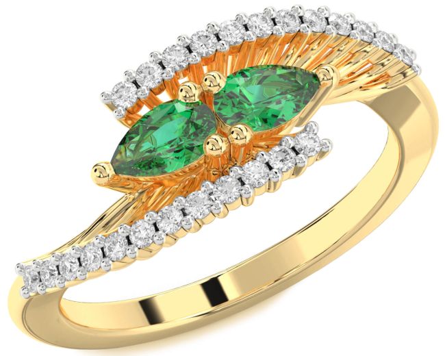 Diamond Emerald Gold Silver Pear Two Stone Birthstone Ring
