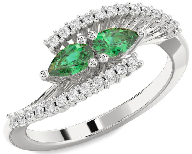 Diamond Emerald Silver Pear Two Stone Birthstone Ring