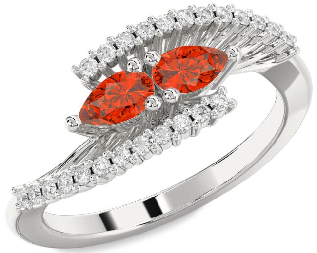 Diamond Fire Opal Platinum Pear Two Stone Ring