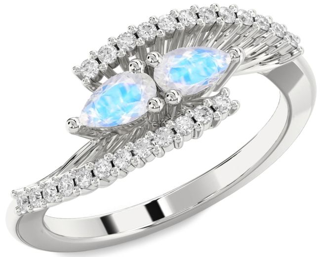 Diamond Moonstone Platinum Pear Two Stone Ring