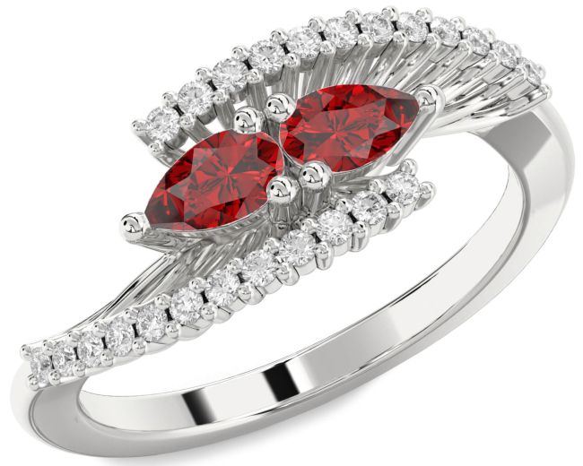 Diamond Ruby Silver Pear Two Stone Birthstone Ring