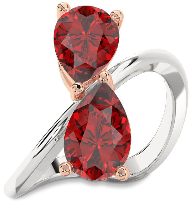 Ruby Rose Gold Silver Pear Two Stone Birthstone Ring