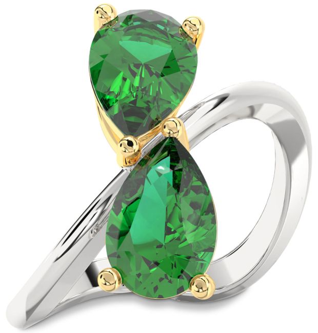 Emerald Gold Silver Pear Two Stone Birthstone Ring