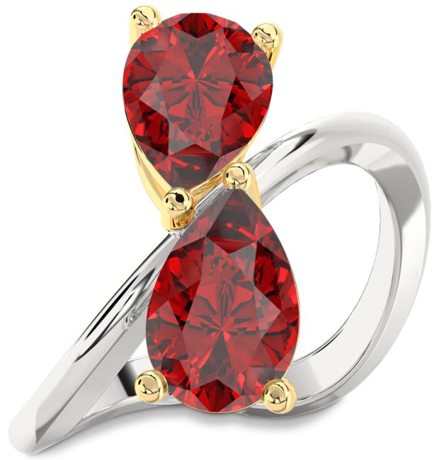 Ruby Gold Silver Pear Two Stone Birthstone Ring