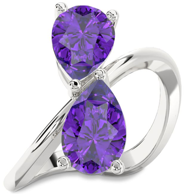 Amethyst Silver Pear Two Stone Birthstone Ring