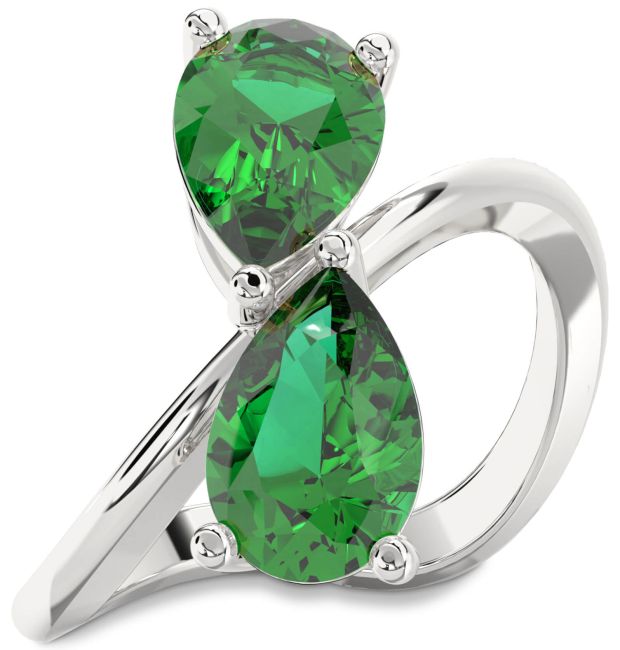 Emerald Silver Pear Two Stone Birthstone Ring