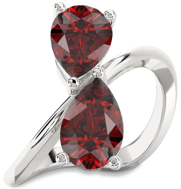 Garnet Silver Pear Two Stone Birthstone Ring