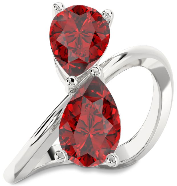 Ruby Silver Pear Two Stone Birthstone Ring