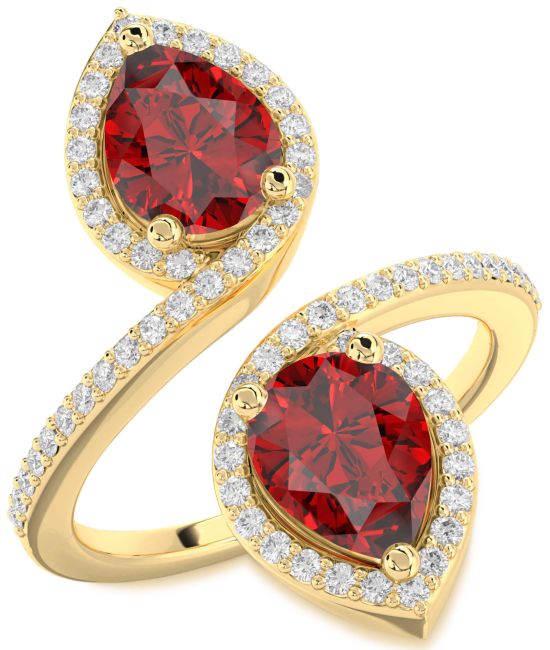 Diamond Ruby Gold Pear Two Stone Pave Birthstone Ring