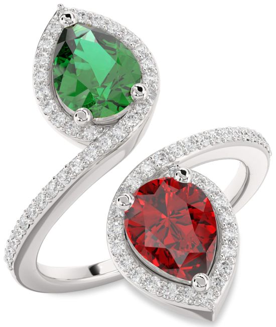 Diamond Silver Pear Two Stone Pave Promise Ring
