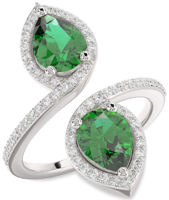 Diamond Emerald Silver Pear Two Stone Pave Birthstone Ring