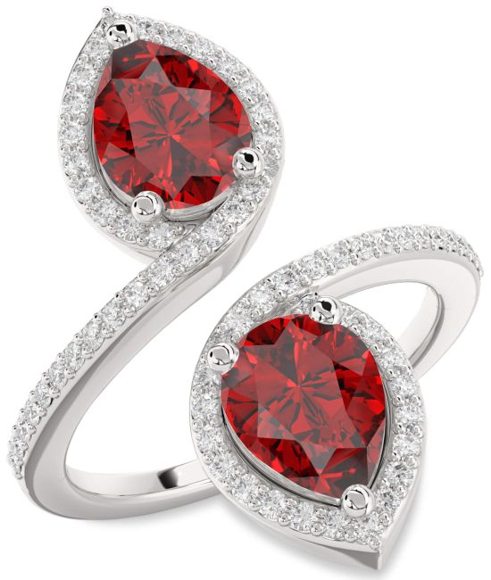 Diamond Ruby Silver Pear Two Stone Pave Birthstone Ring