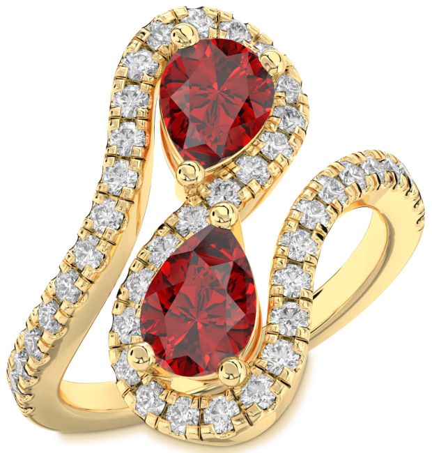 Diamond Ruby Gold Silver Pear Two Stone Pave Birthstone Ring
